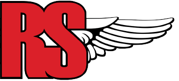 This image features the RS in Rollos Solutions, a Houston Tire & Wheel Company & Body Shop. The right angel wing of the logo stretches out while the left is absent to allow the windshield logo aspect to appear flush along the left.